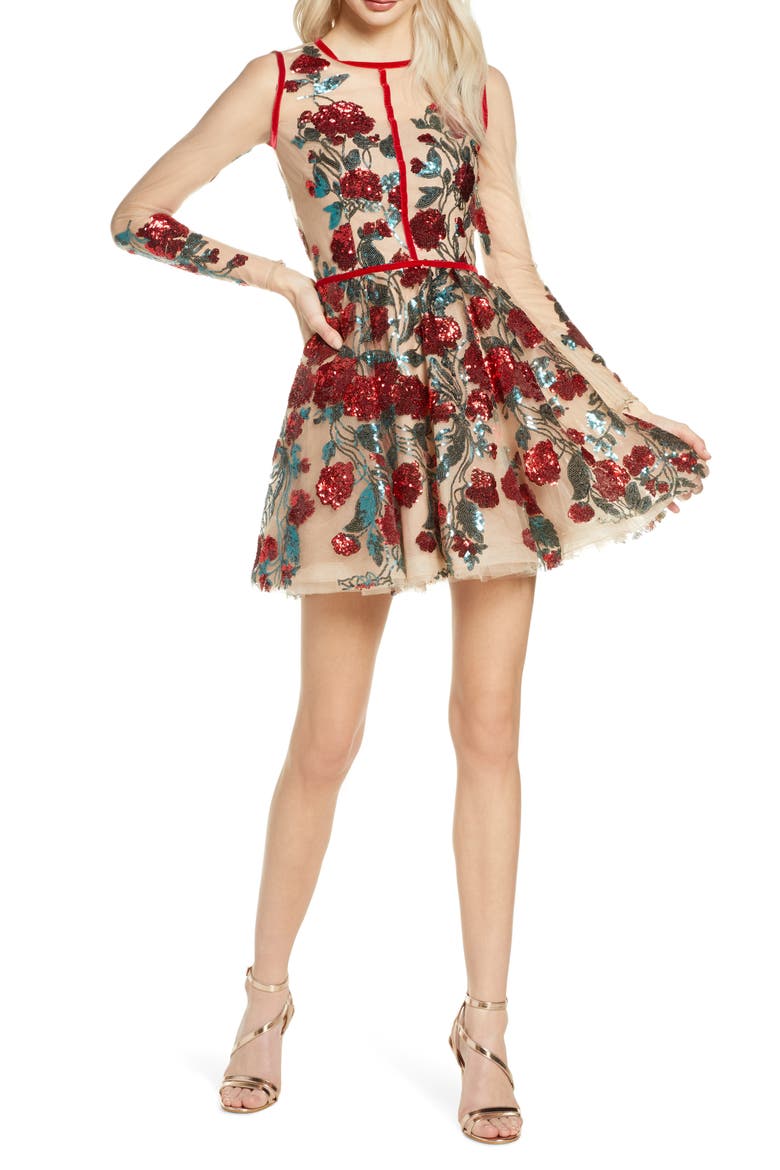 Bronx and Banco Rafaella Floral Sequin Long Sleeve Minidress, Main, color, MULTICOLOR