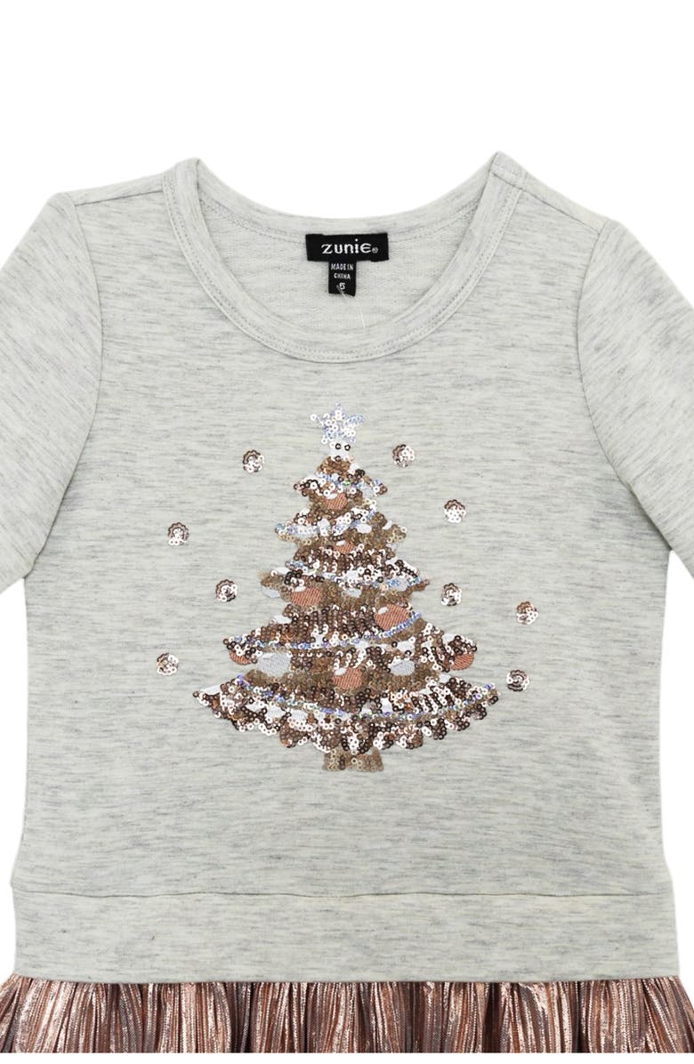 Zunie Kids' Sequin Christmas Tree Mixed Media Dress, Alternate, color, Oat/ Copper