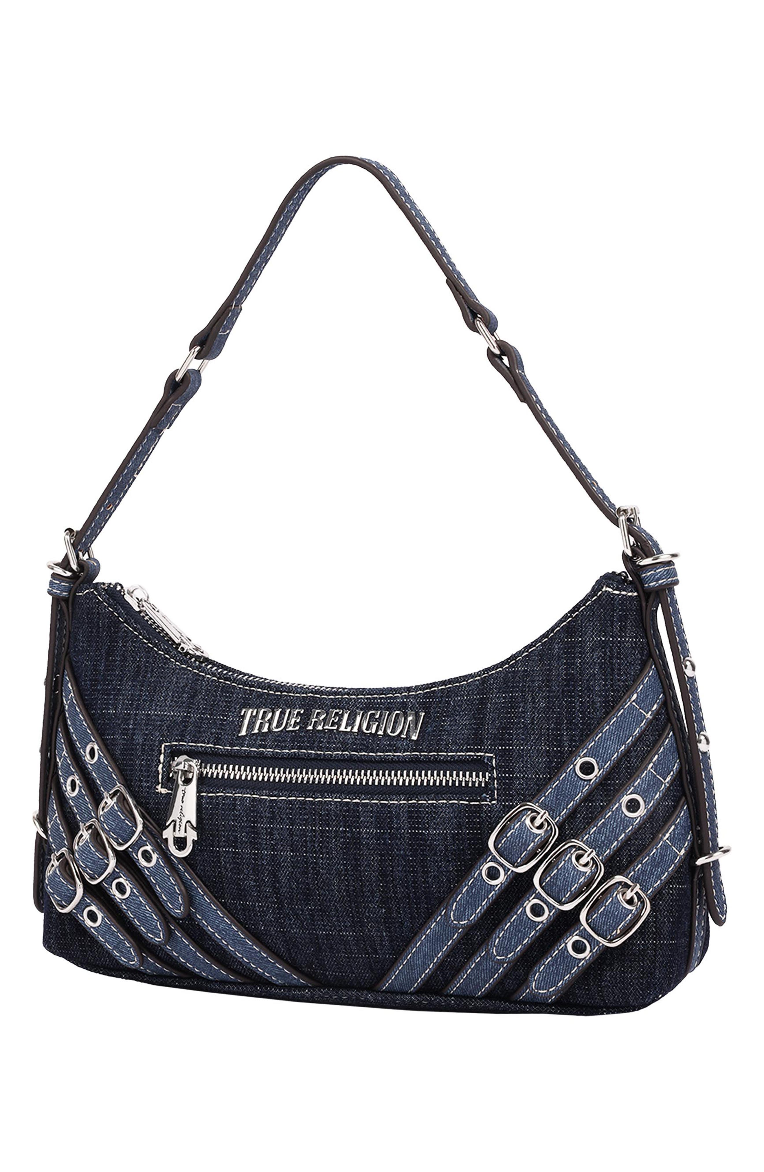 Triple Straps Denim Shoulder Bag, Alternate, color, DARK DENIM