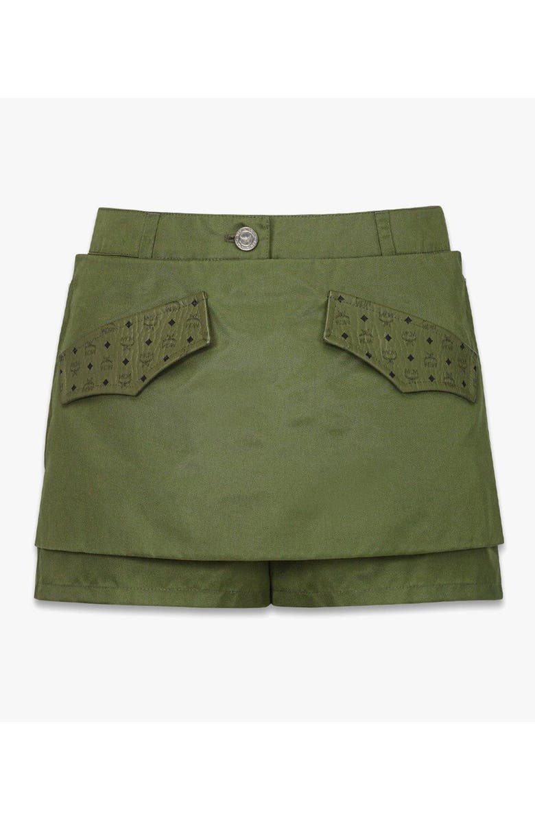 MCM Skirt-Layered Shorts in ECONYL<sup>®</sup> and Monogram Print Leather, Main, color, Green