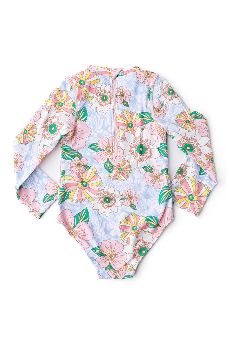 Kids' Retro Floral Long Sleeve One-Piece UPF 50+ Rashguard Swimsuit, Alternate, color, PINK MULTI