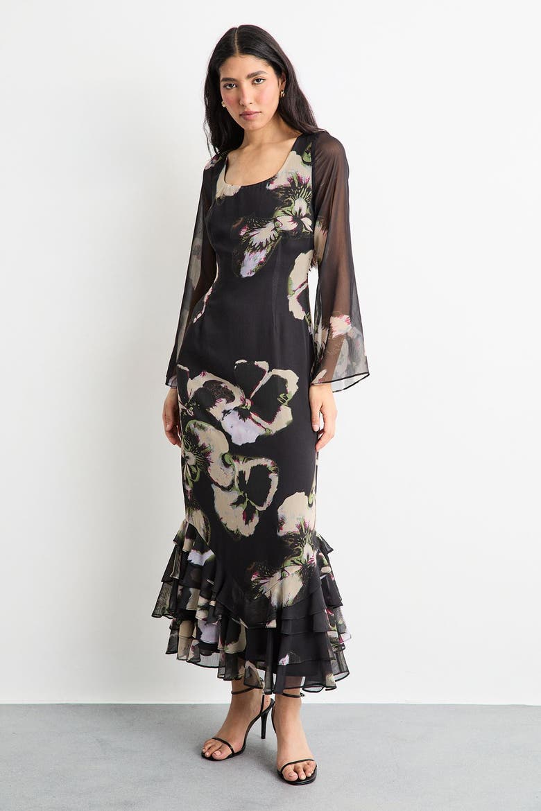 Printed Scoop Neck Ruffle Hem Midi Dress, Alternate, color, Floral