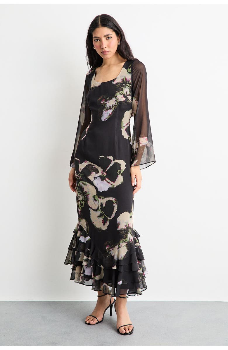 Warehouse Printed Scoop Neck Ruffle Hem Midi Dress, Alternate, color, Floral