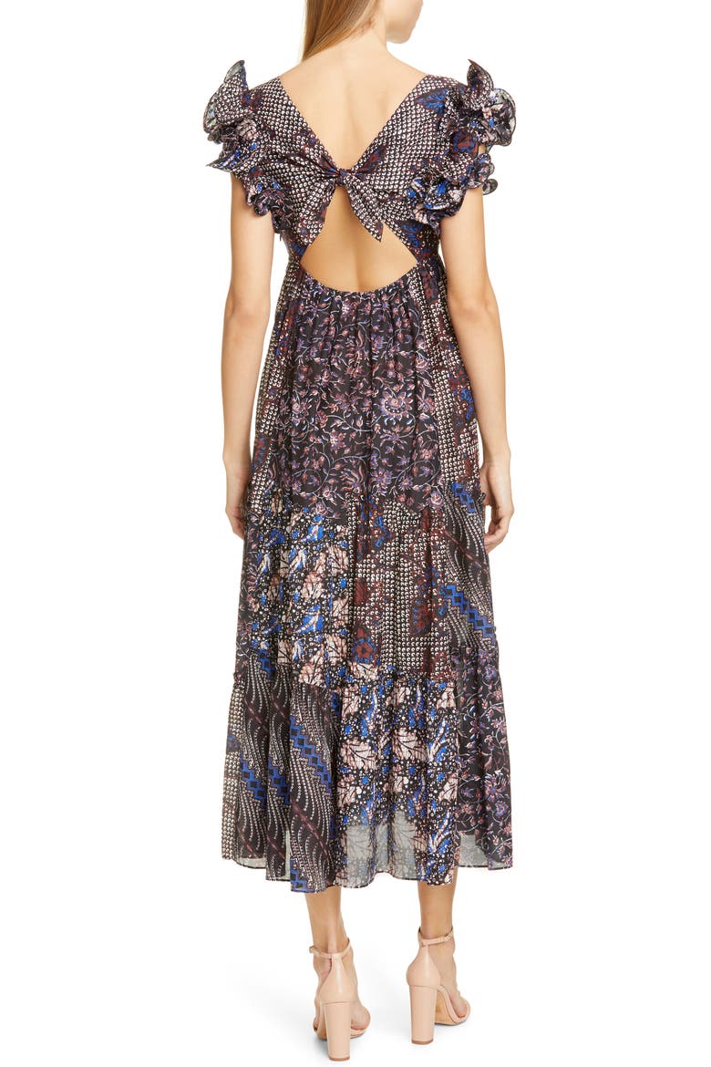 Zoya Ruffle Trim Ikat Midi Dress, Alternate, color, INDIGO