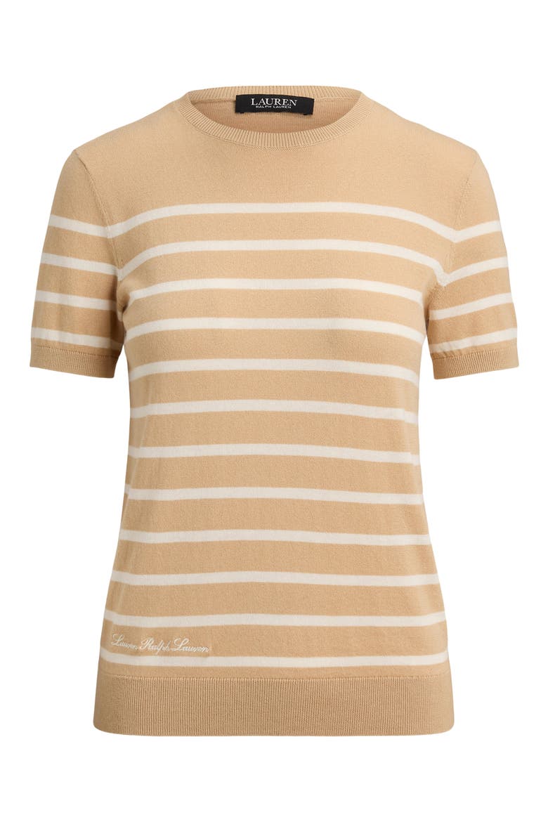 Short Sleeve Cotton Blend Sweater, Alternate, color, GINGER BEIGE/ MASCARPONE CREAM