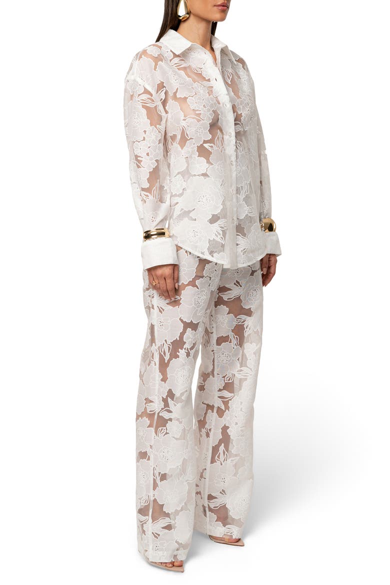 Embroidered Floral Cotton Blend Organza Button-Up Shirt, Alternate, color, IVORY