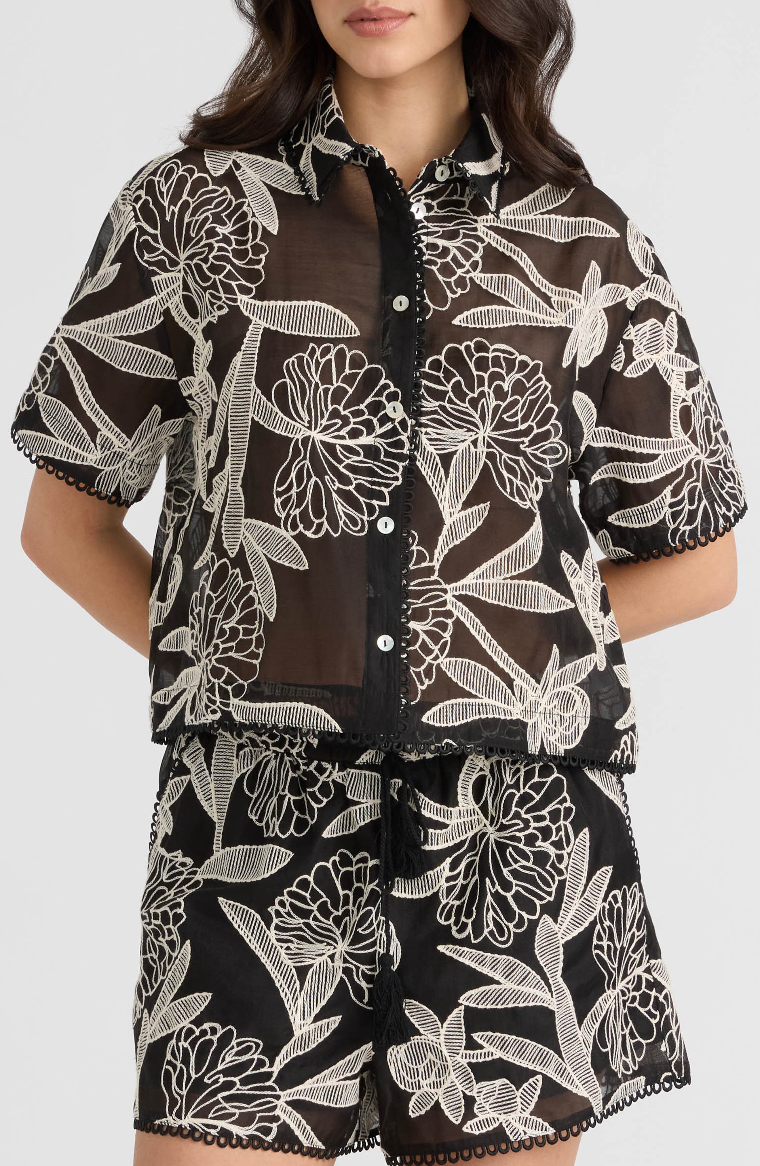 NVLT Embroidered Georgette Short Sleeve Camp Shirt