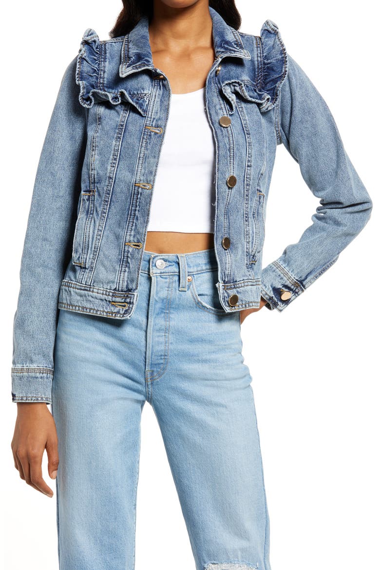 Frill Denim Trucker Jacket, Main, color, MEDIUM DENIM