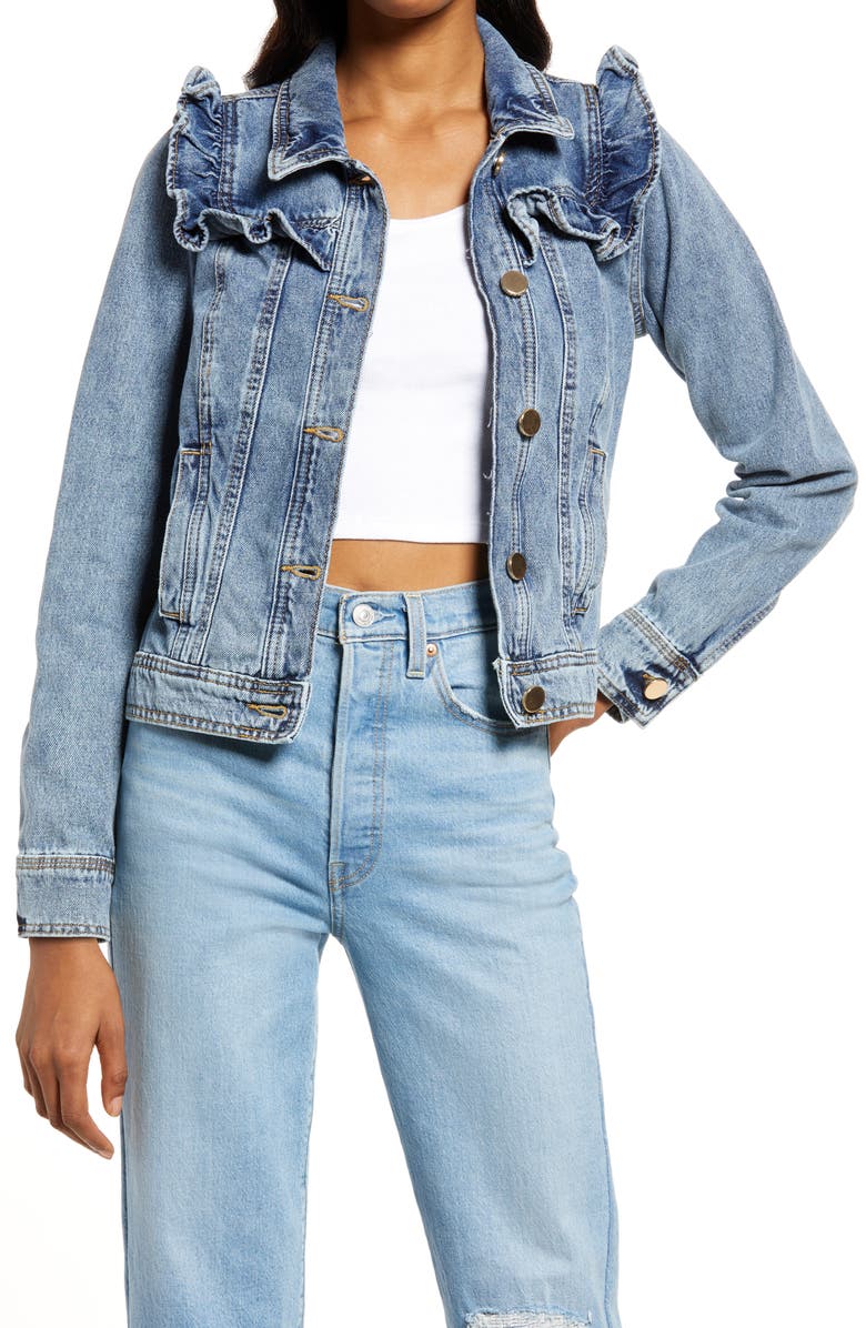 River Island Frill Denim Trucker Jacket, Main, color, 