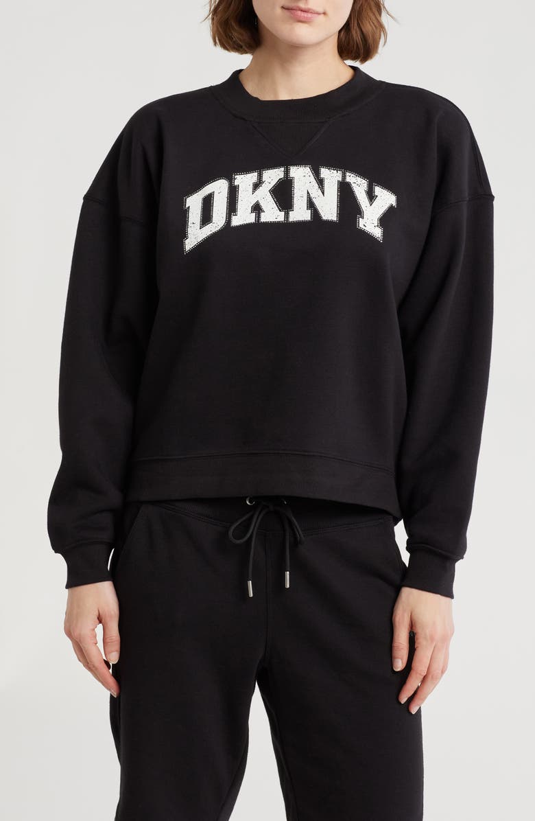 DKNY Arched Distressed Rhinestone Pullover Sweatshirt, Main, color,
