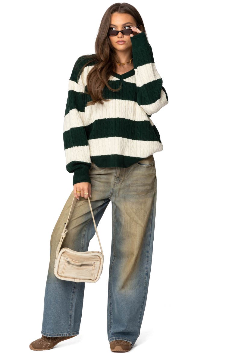Stripe Oversized Cable Knit Sweater, Alternate, color, GREEN