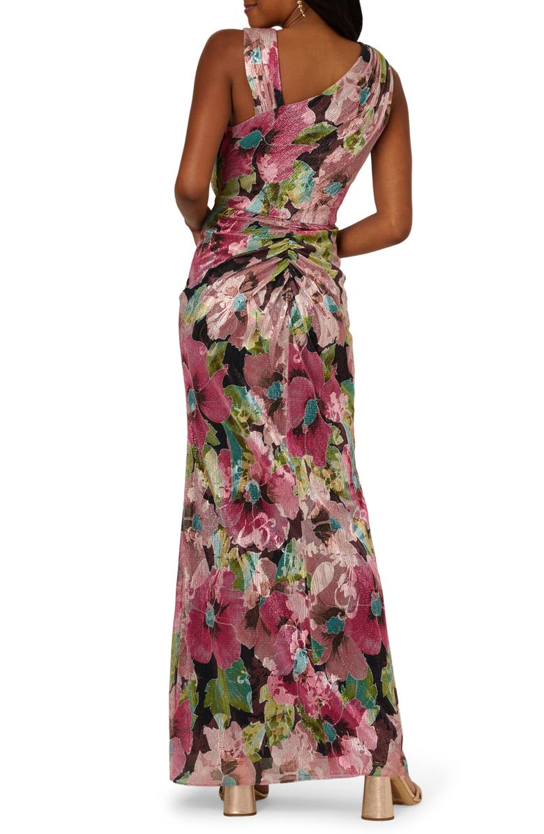 Adrianna Papell Asymmetric Metallic Foil Floral Gown, Alternate, color, Pink Multi
