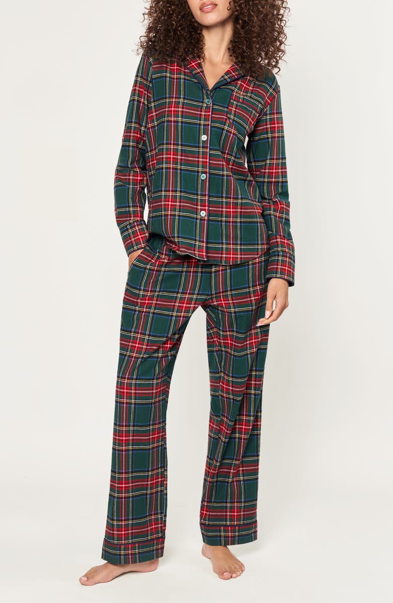 Petite Plume Kensington Tartan Cotton Twill Pajamas, Main, color, Green