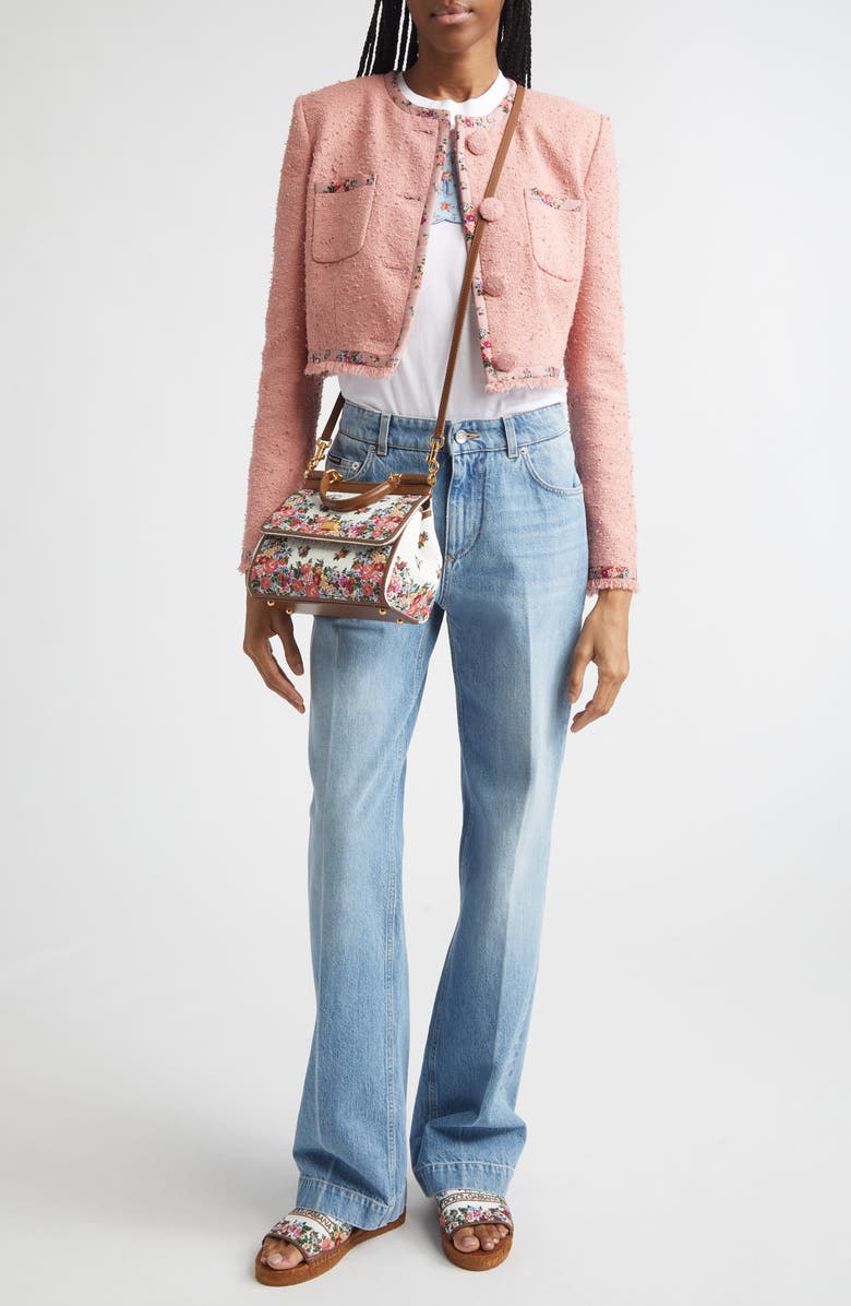 Dolce&Gabbana Floral Trim Crop Tweed Jacket, Alternate, color, Rosa Polvere Scuro