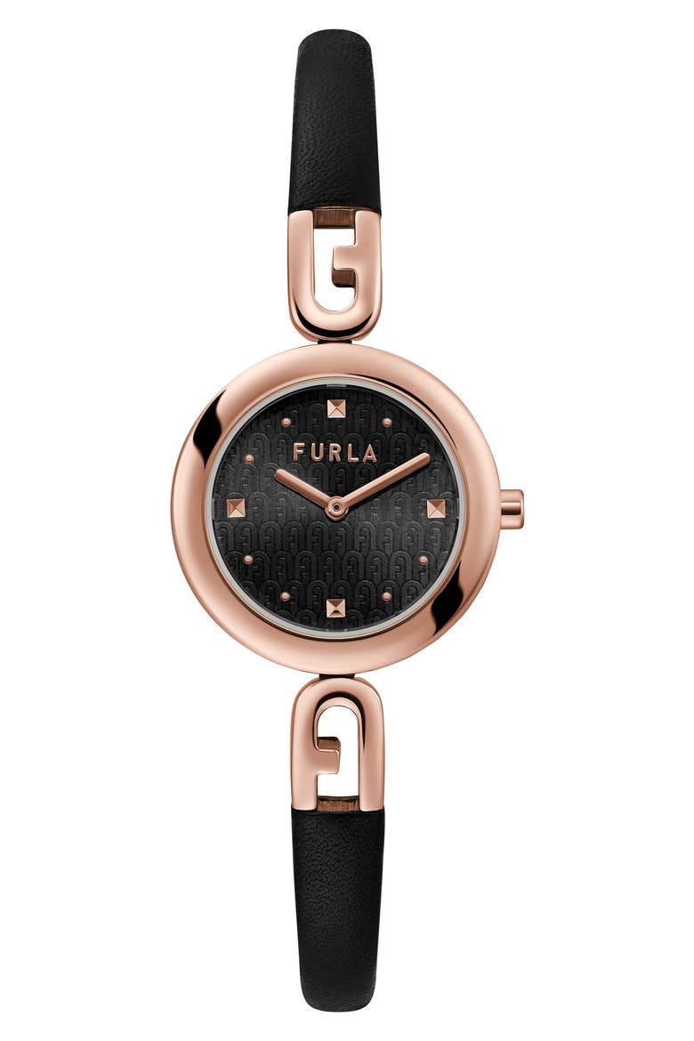 Bangle Leather Strap Watch, 28mm, Main, color, ROSE GOLD/ BLACK/ BLACK
