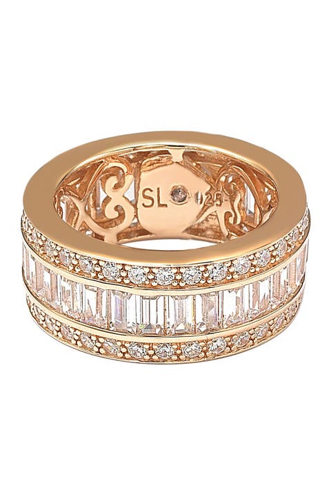 14K Rose Gold Plated Sterling Silver Baguette-Cut & Round-Cut CZ Eternity Band