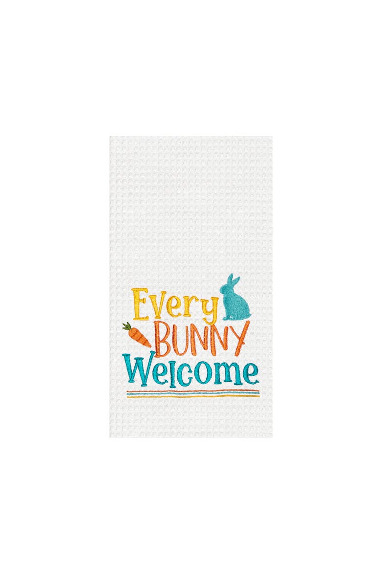 "Every Bunny Welcome" Easter Rabbit Spring Theme Kitchen Dishtowel, Main, color, White