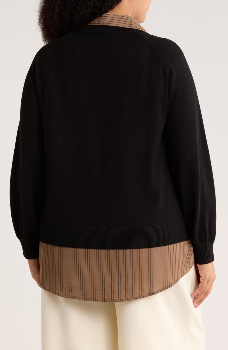 Adrianna Papell V-Neck Twofer Sweater, Alternate, color, Black/ Mocha Petite Stripe