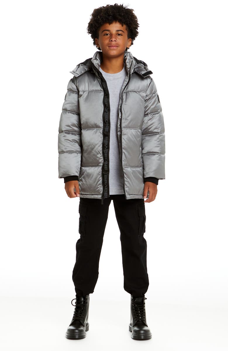 Andy & Evan x SPACEONE Kids' Galactic Reversible Hooded Puffer Jacket, Alternate, color, Moon Grey