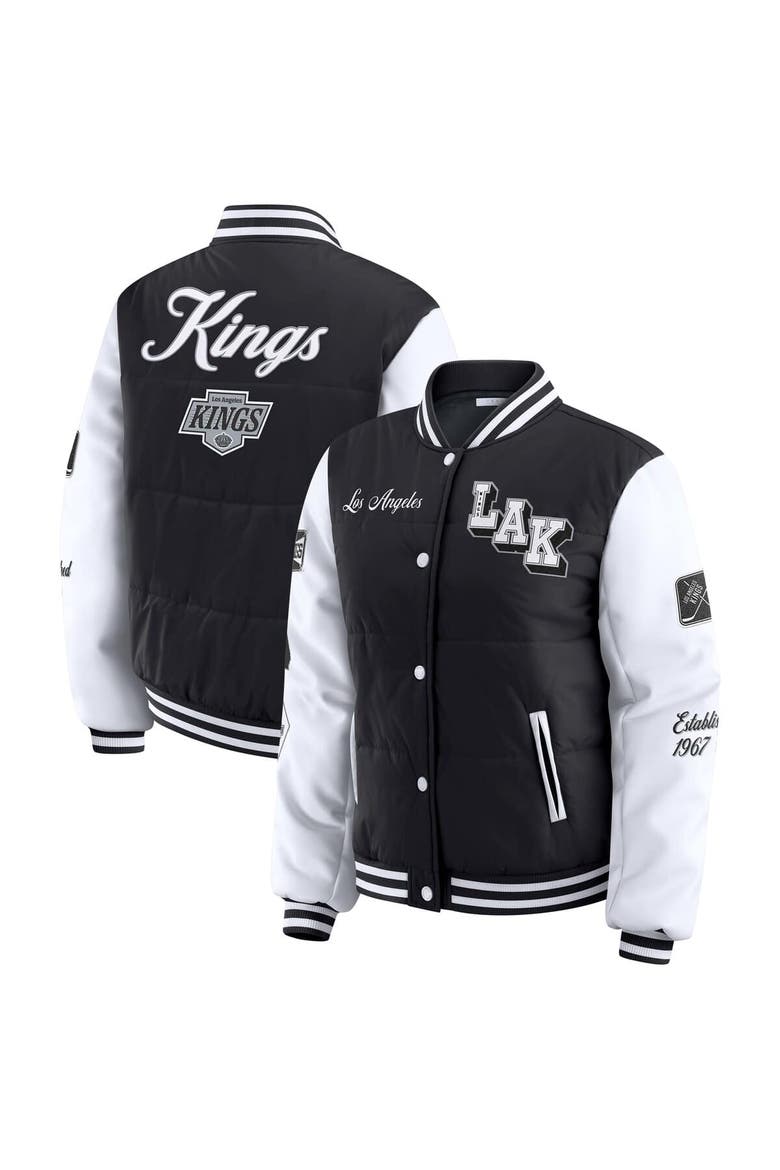 Women's WEAR by Erin Andrews Black/White Los Angeles Kings Varsity Full-Snap Puffer Jacket, Main, color, Black