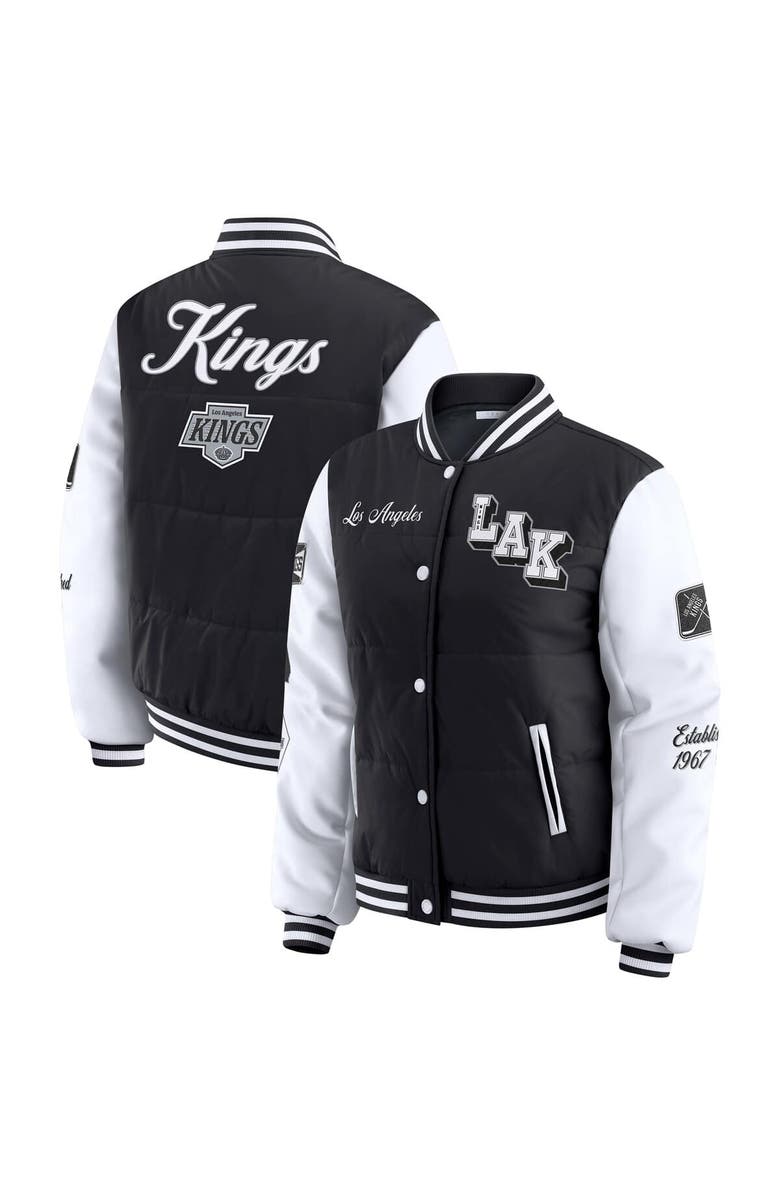 WEAR by Erin Andrews Women's WEAR by Erin Andrews Black/White Los Angeles Kings Varsity Full-Snap Puffer Jacket, Main, color, Black
