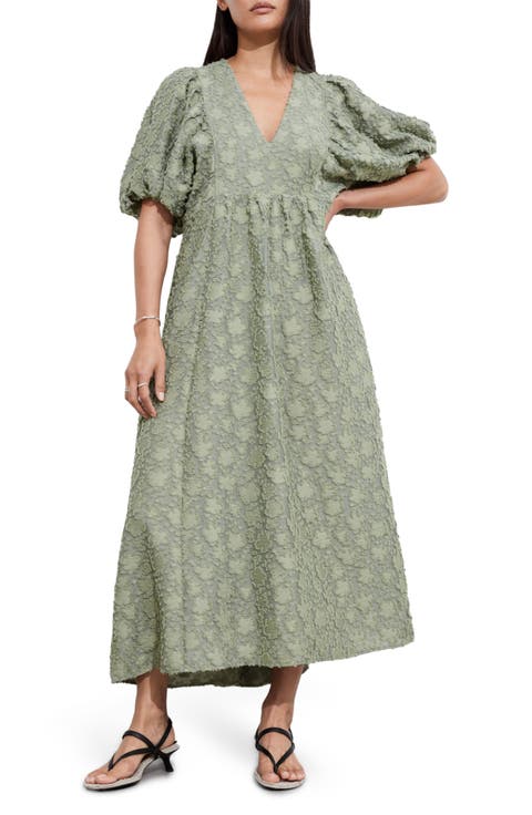 Textured Floral Puff Sleeve Jacquard Maxi Dress