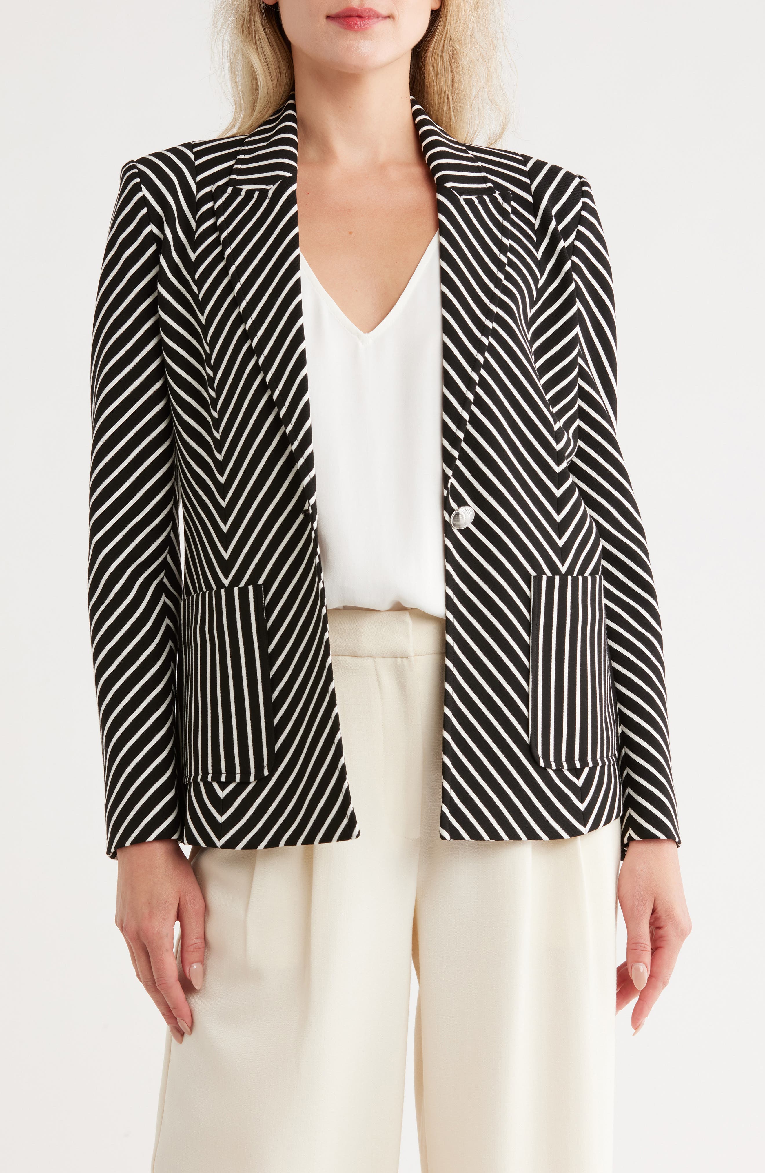 Elie Tahari Stripe Peak Lapel Cotton & Linen Blend Blazer