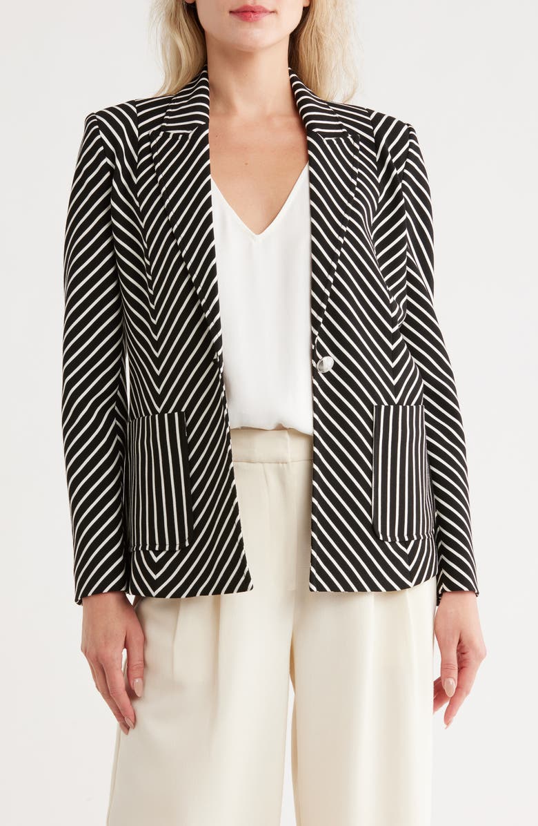 Elie Tahari Stripe Peak Lapel Cotton & Linen Blend Blazer, Main, color, Noir And White Stripe
