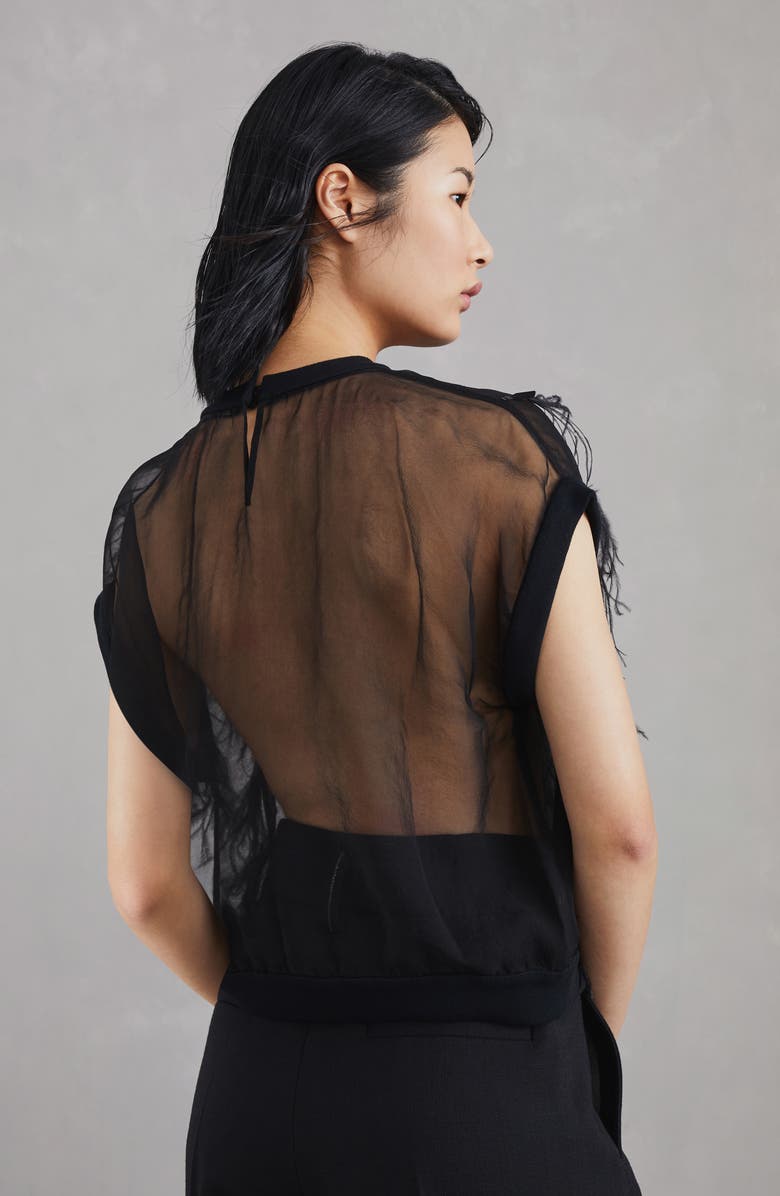 Brunello Cucinelli Crispy silk top with dazzling feather embroidery, Alternate, color, 