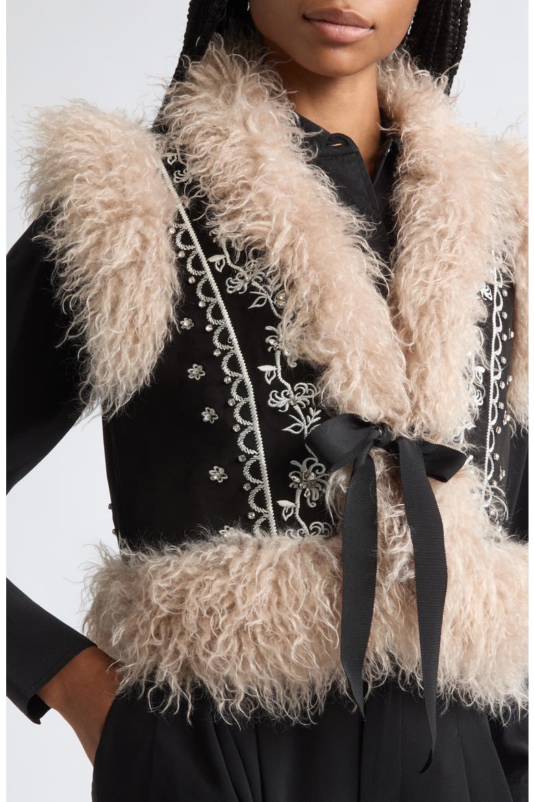 Amaranthe Faux Fur Trim Embroidered Vest, Alternate, color, BLACK/ DARK GARDENIA