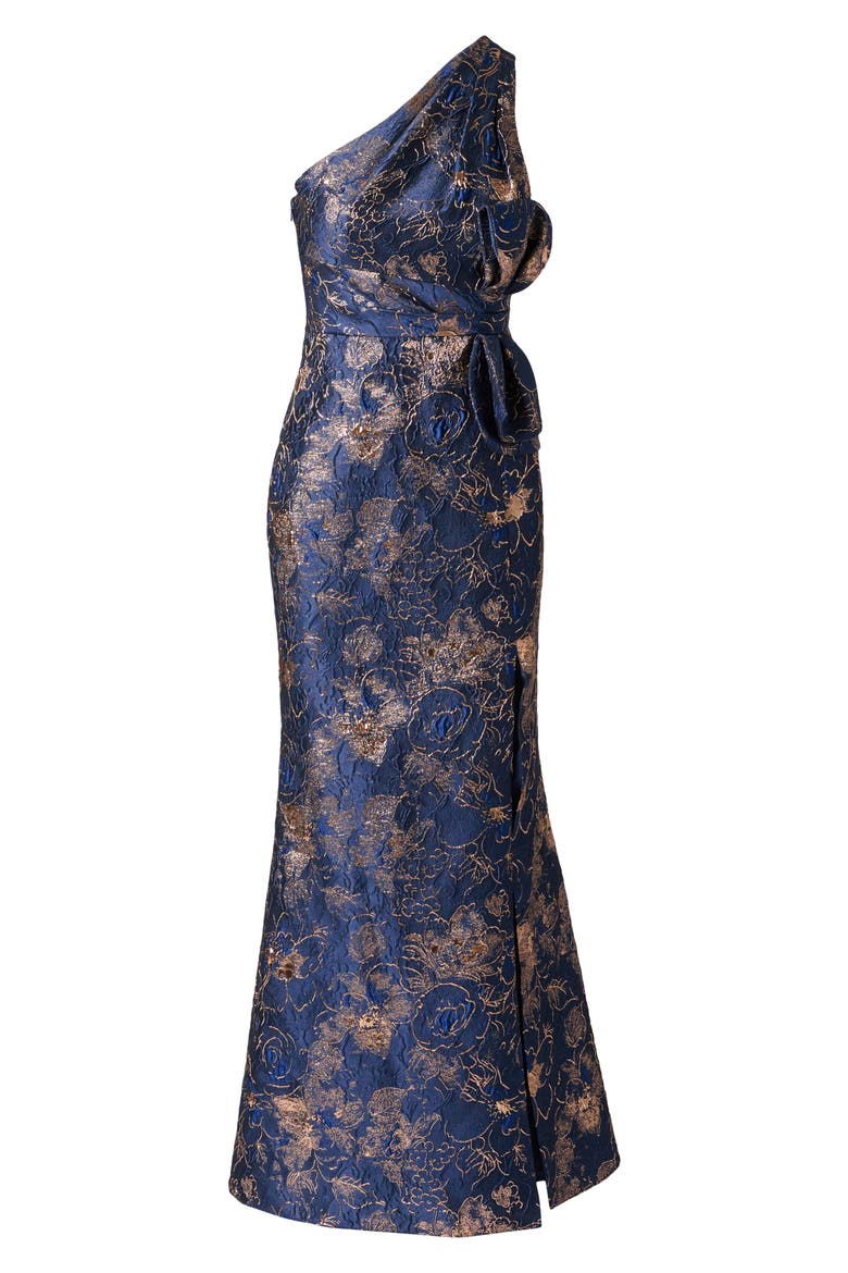One-Shoulder Jacquard Gown, Alternate, color, NAVY/ ROSE GOLD