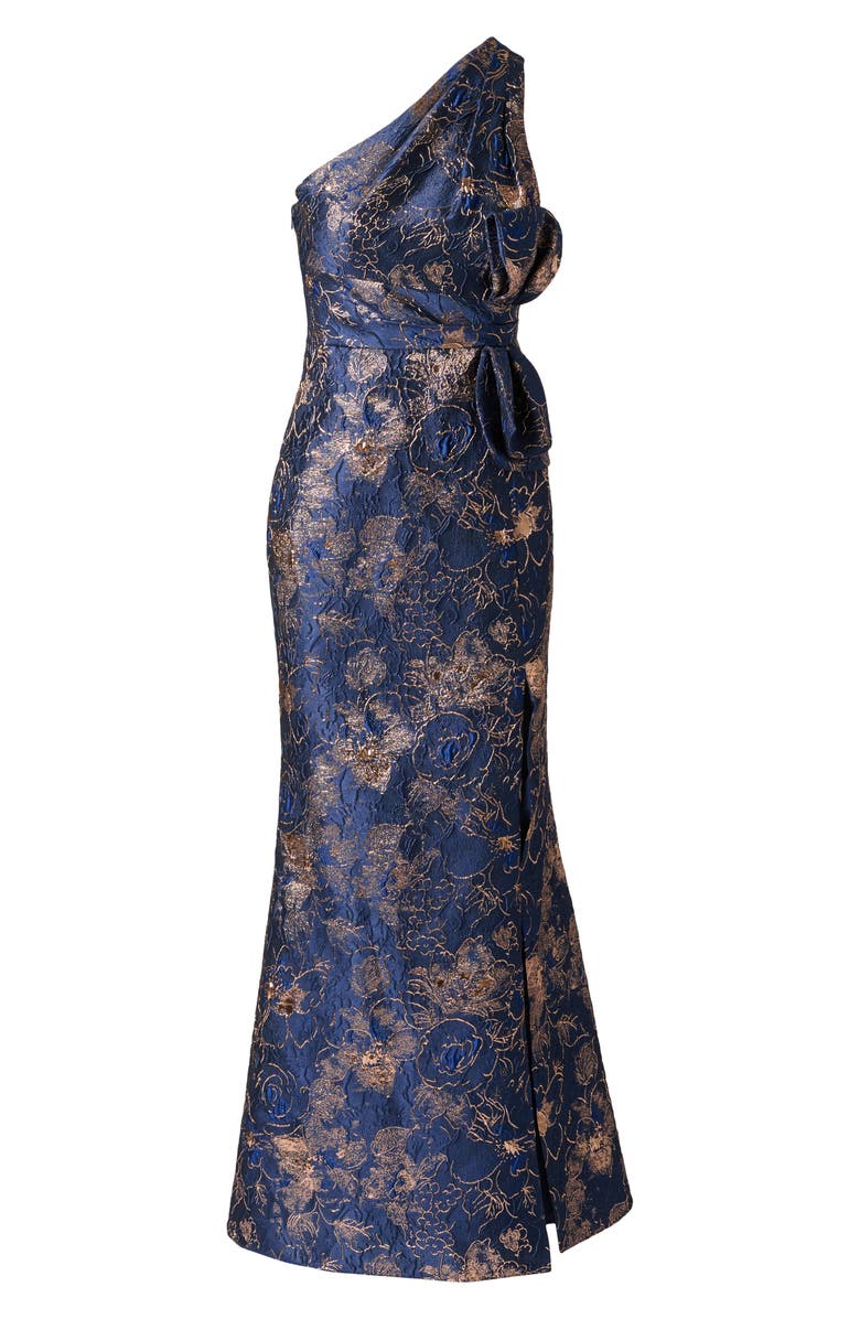 Adrianna Papell One-Shoulder Jacquard Gown, Alternate, color, Navy/ Rose Gold