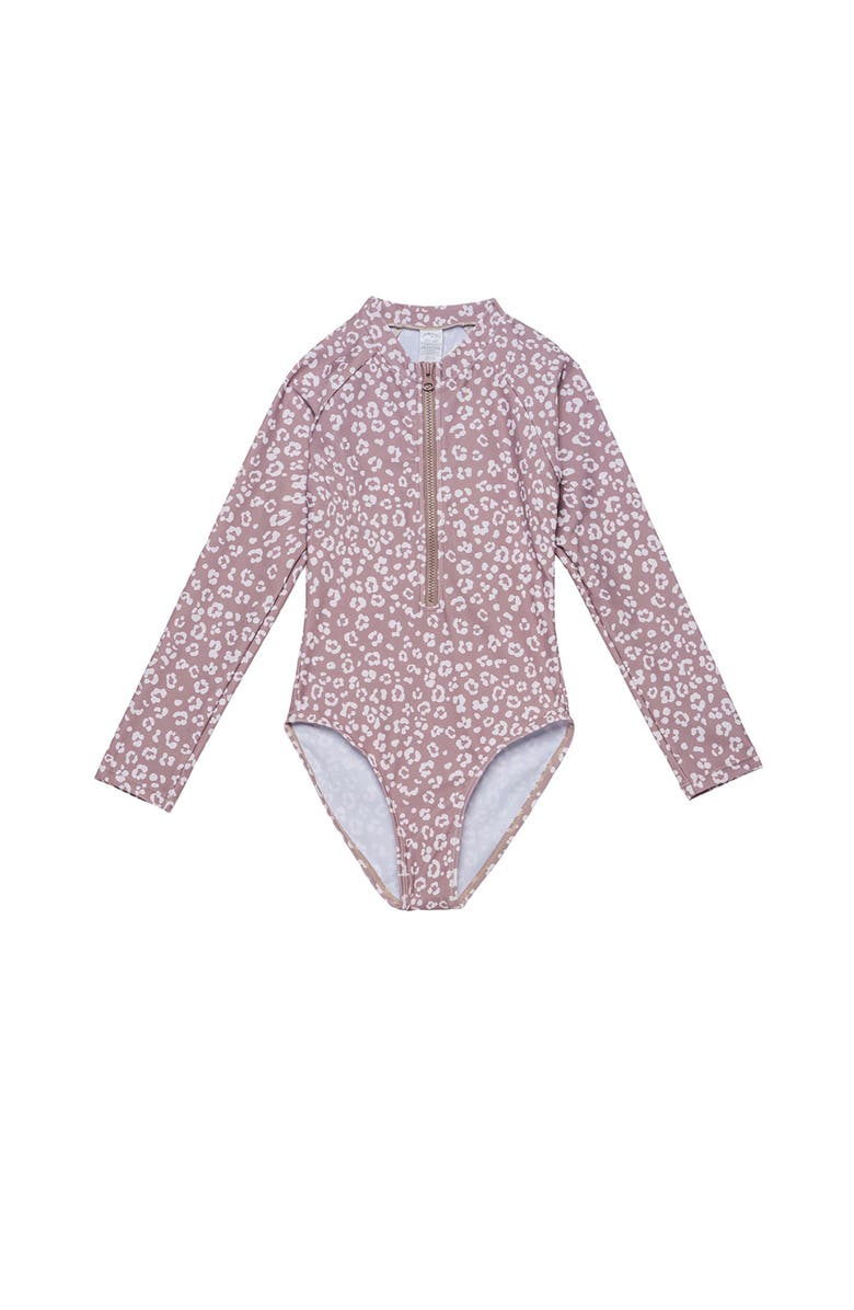 Gottex Kids Leopard Love Long Sleeve Zip Front One Piece, Main, color, Cacao