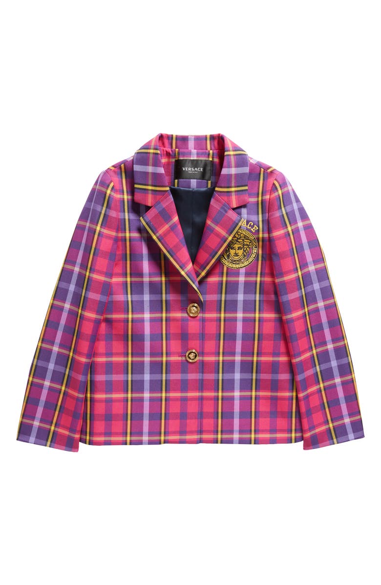 Versace Kids' Tartan Embroidered Logo Blazer, Main, color, 