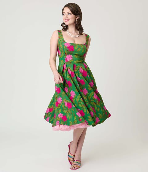 Square Neck Pleated Swing Dress