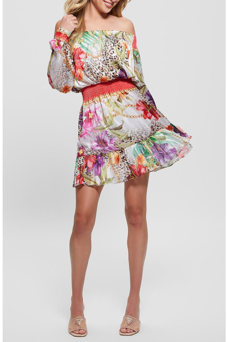 Long Sleeve Off the Shoulder Dress, Main, color, CORAL JUNGLE
