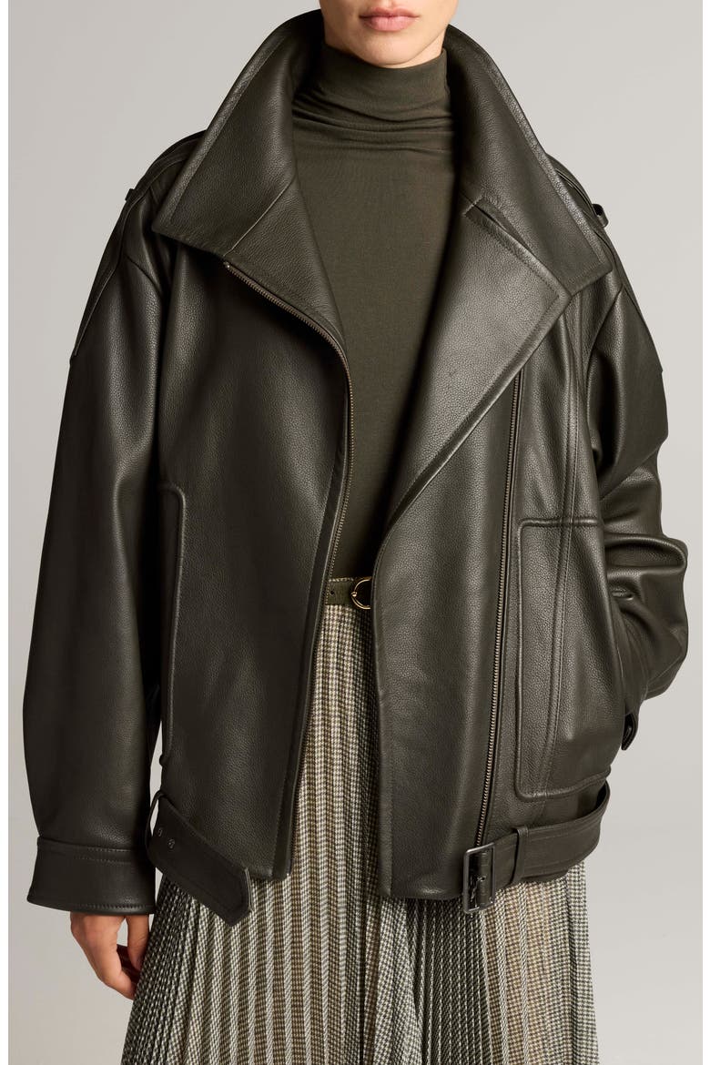 Oversize Leather Biker Jacket, Main, color, DEEP FOREST