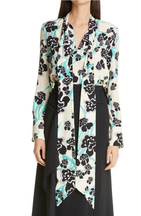 Floral Print Tie Neck Silk Blouse