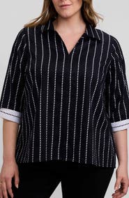 Foxcroft Agnes Dot Stripe Three-Quarter Sleeve Cotton Popover Top