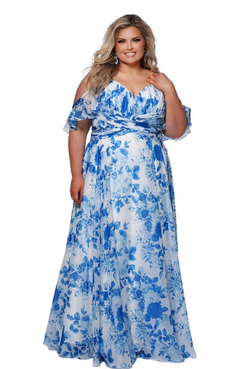 Pleated Floral V-Neckline Slim Plus Size A-Line Gown