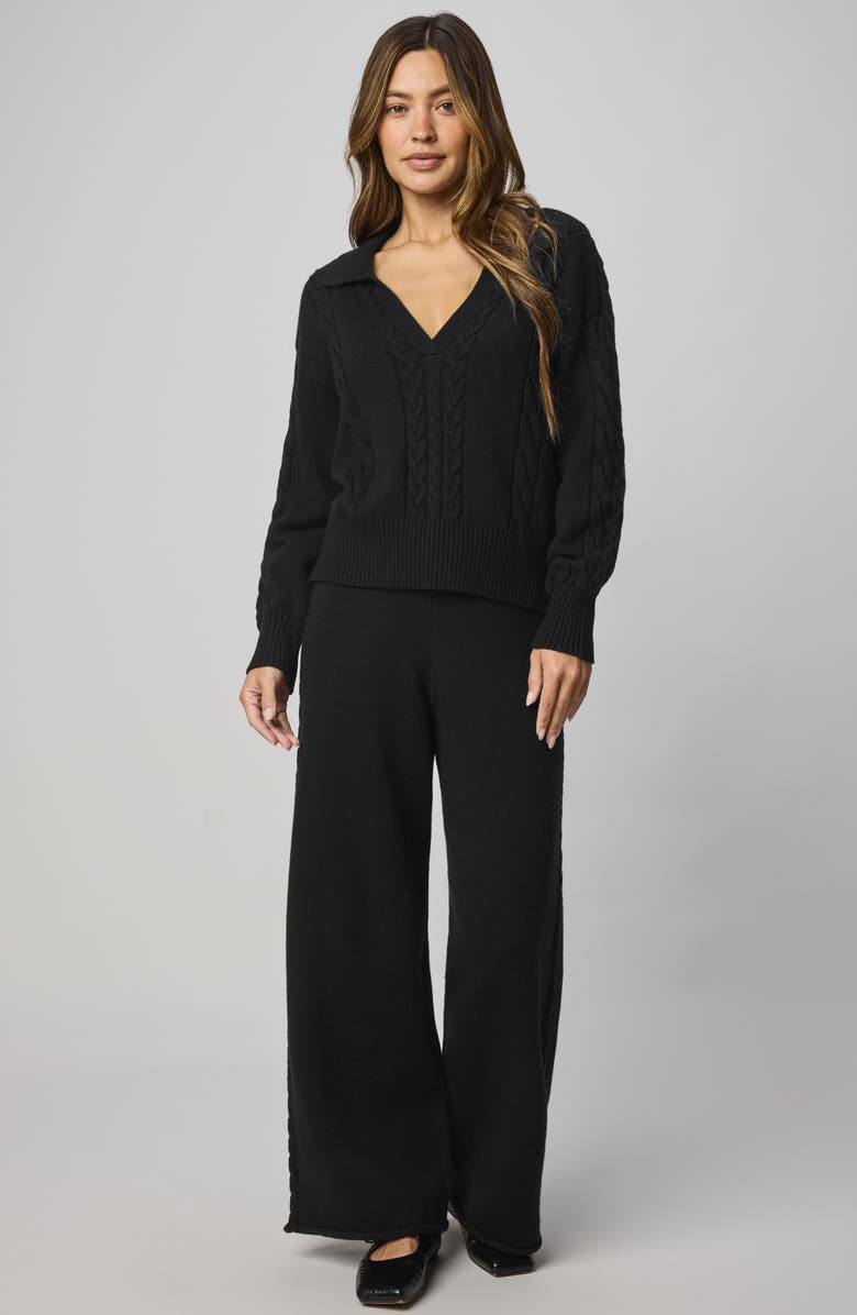 Splendid Jet Set Cable Stitch Polo Sweater, Alternate, color, Black