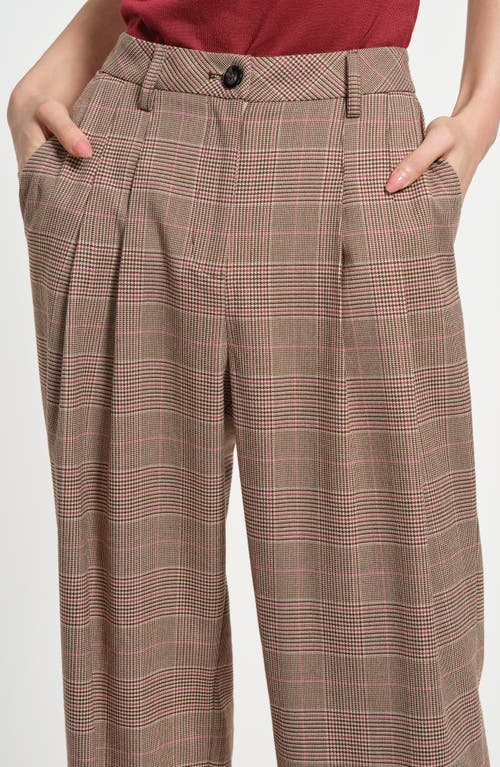 Isaac Mizrahi New York Pleated High Waist Plaid Striaght Leg Pants In Brown