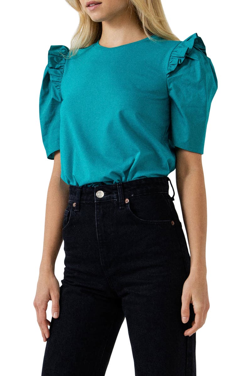 English Factory Mini Ruffle Puff Sleeve T-Shirt, Alternate, color, Teal