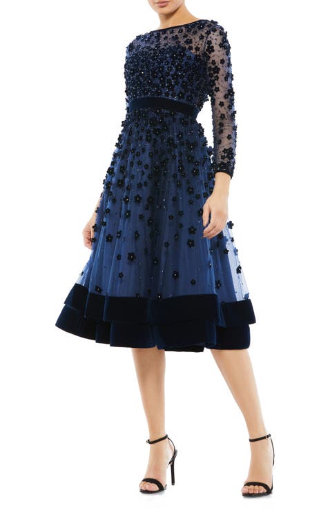 Embellished Illusion High Neck Long Sleeve Fit & Flare