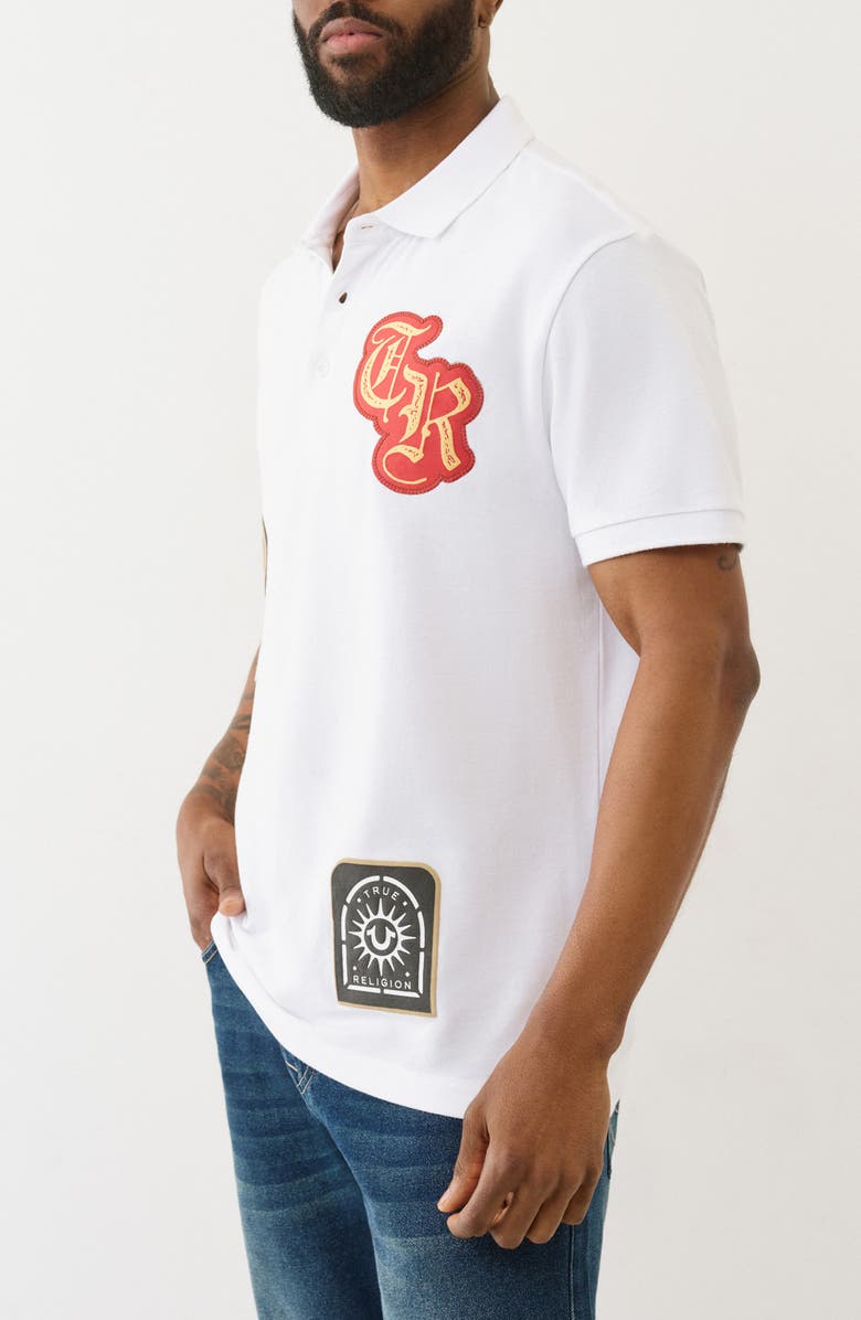 True Religion Relaxed Patchwork Cotton Polo, Alternate, color, Optic White