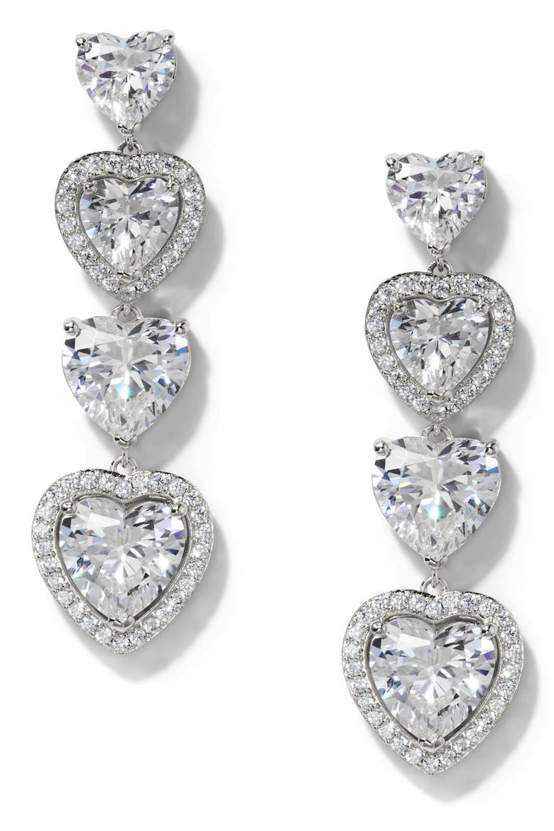 Le Bisou Halo Heart Linear Drop Earrings, Main, color, RHODIUM