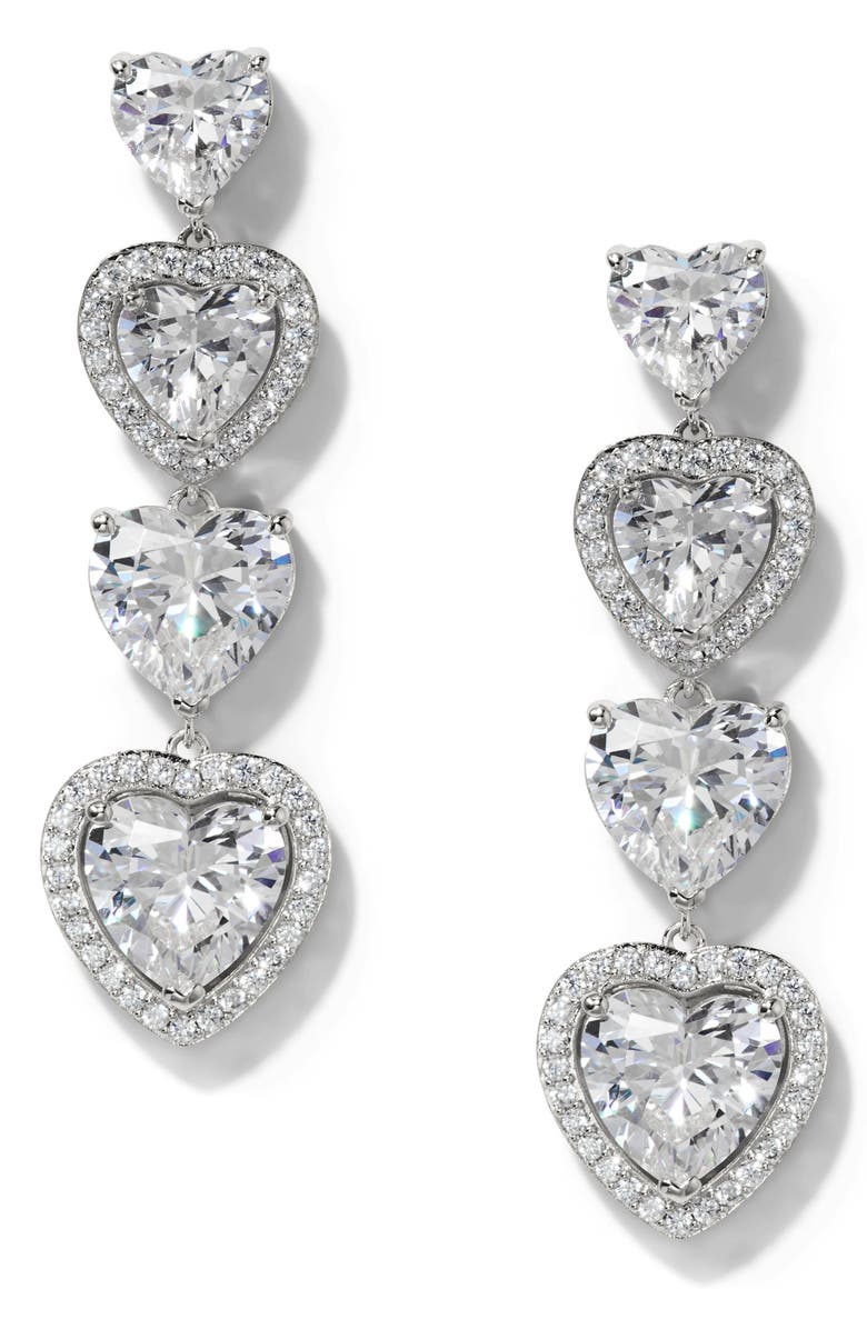 Nadri Le Bisou Halo Heart Linear Drop Earrings, Main, color, Rhodium