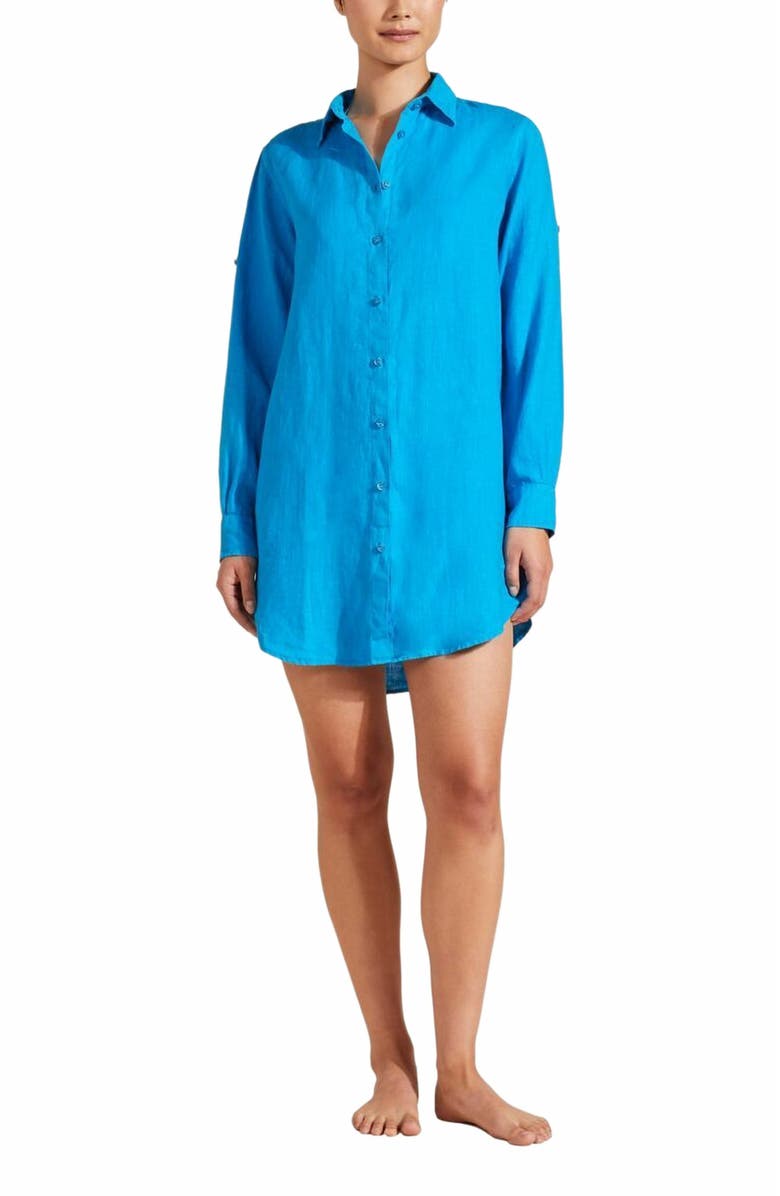 Vilebrequin Women's Solid Linen Shirt Dress, Main, color, Bleu Hawai