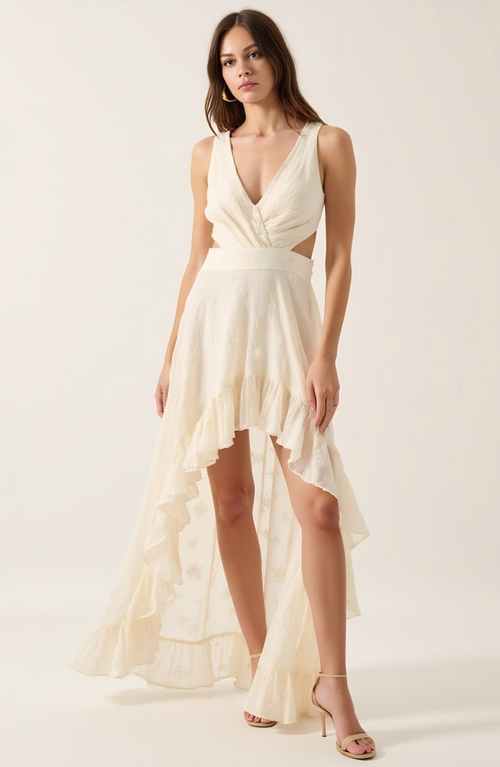 Modenaire High-low Ruffle Hem Dress With Cutout Waist And Wrap Bodice