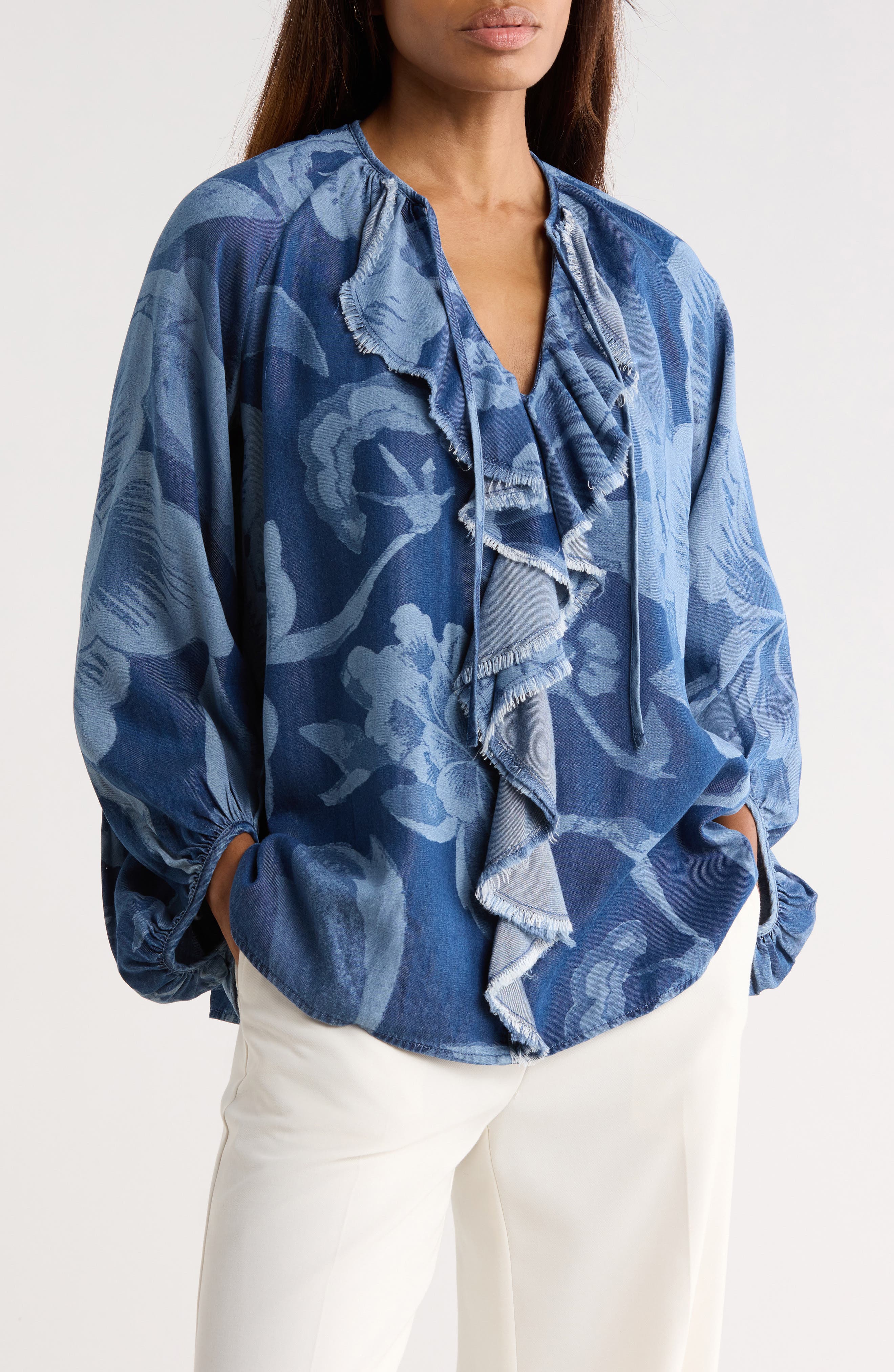 Diane von Furstenberg Nicky Floral Balloon Sleeve Chambray Top